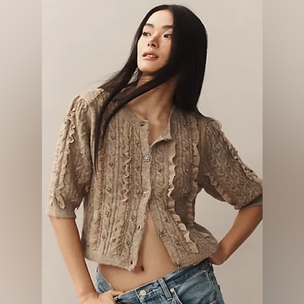 Maeve Beaded Ruffle Short Sleeve Cardigan NWT
